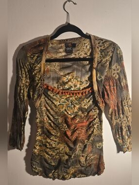 Anac Rusched 3/4 Sleeve Top with Orange Pom Pom Trim